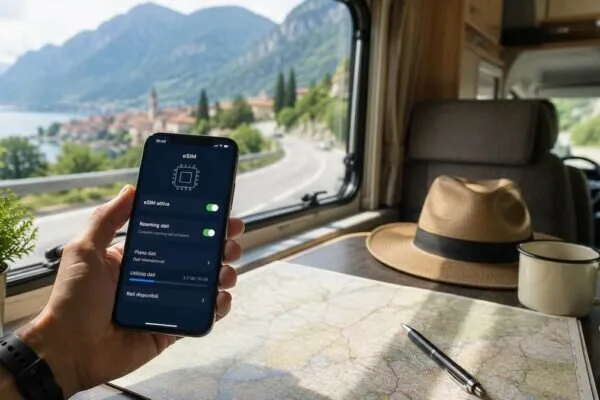 Smartphone con mappa e impostazioni eSIM appoggiato sul tavolo di un camper durante un viaggio all'estero.