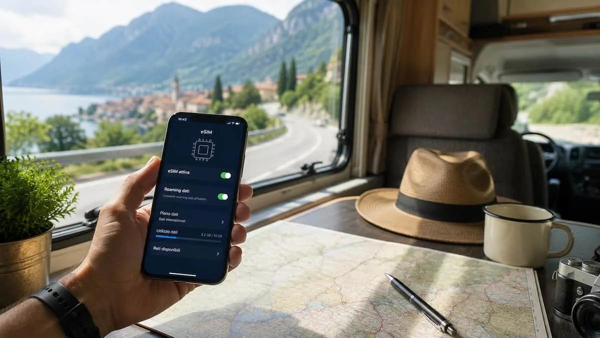 Smartphone con mappa e impostazioni eSIM appoggiato sul tavolo di un camper durante un viaggio all'estero.