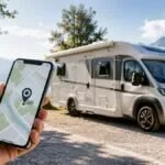 Camper parcheggiato con mappa digitale e segnale GPS visualizzato su smartphone