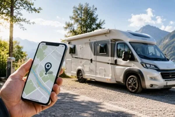 Camper parcheggiato con mappa digitale e segnale GPS visualizzato su smartphone