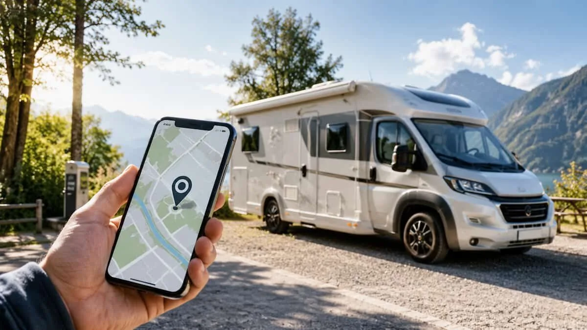 Camper parcheggiato con mappa digitale e segnale GPS visualizzato su smartphone
