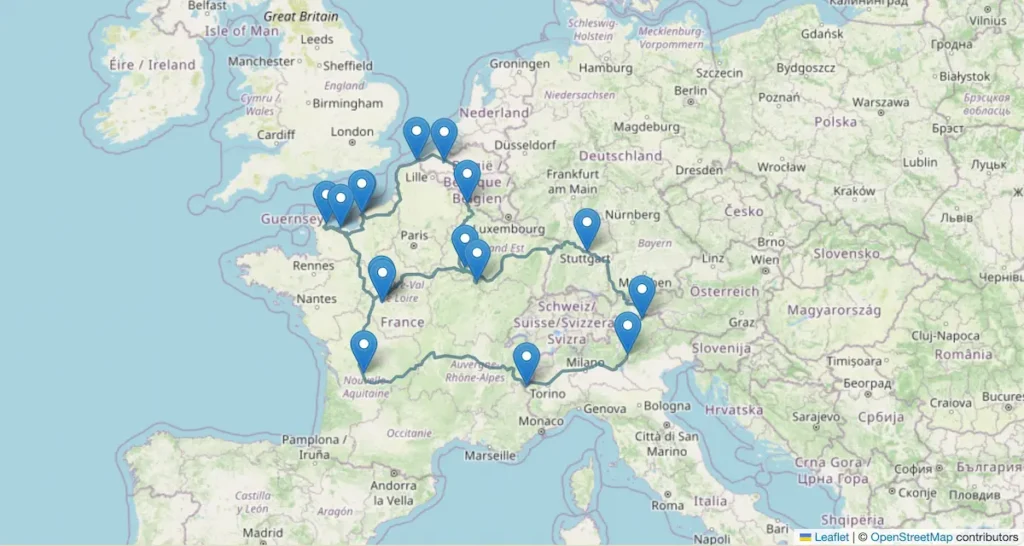 MAppa del viaggio Dal Brennero alla Dordogna